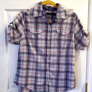 Faded Glory women’s button up short sleeve red white  blue striped blouse. Small